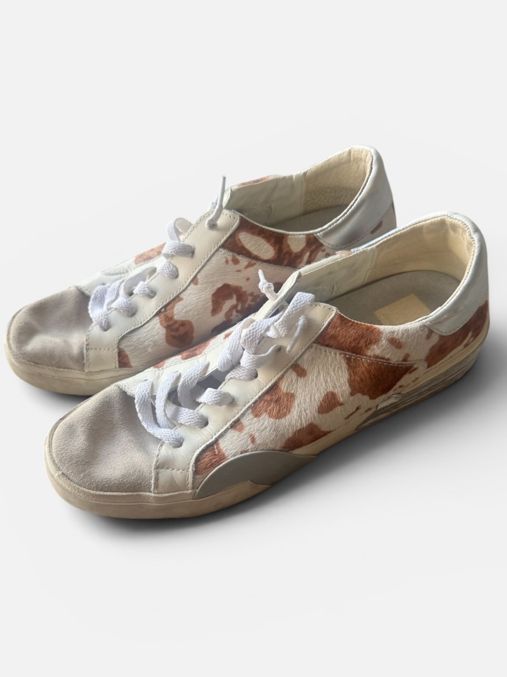 Dolce Vita White and Brown Cowhide Low-Top Sneakers, Western Sneakers, Size 8
